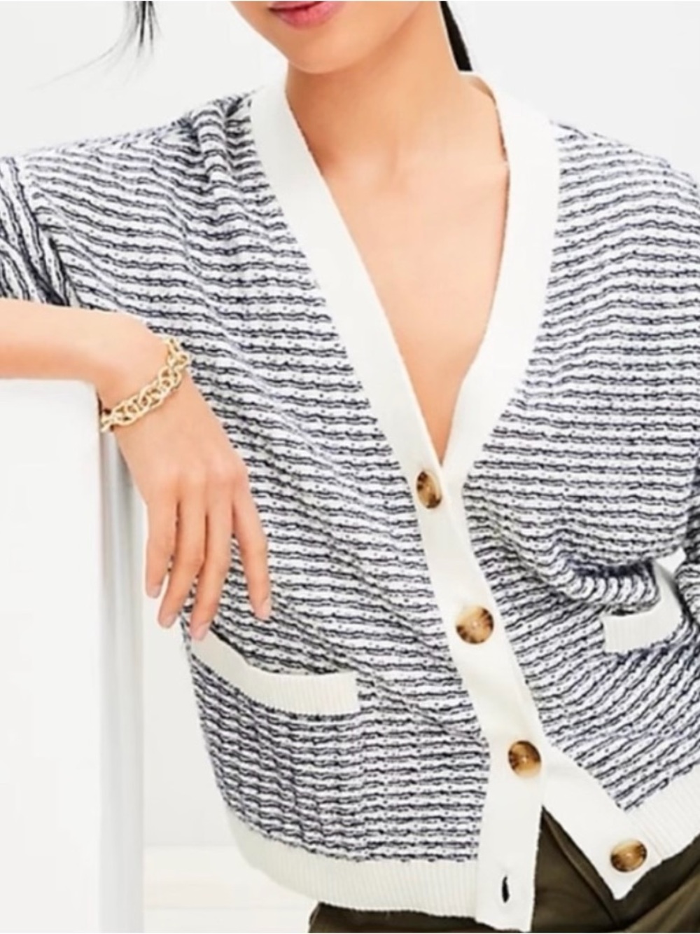 NWT, Loft Striped Knit V-Neck Cardigan Sweater - White & Navy